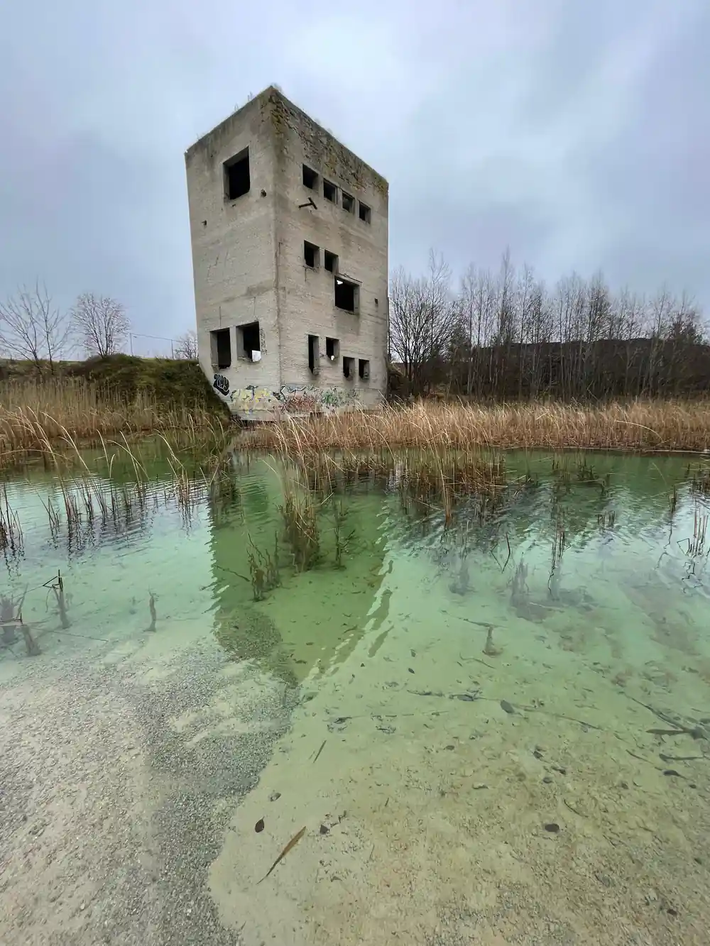 Abandoned concrete tower in reeds by green water