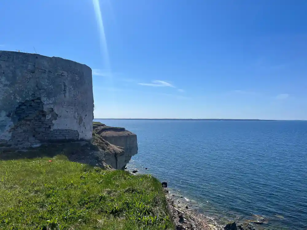 Chalk cliff overlooking calm sea and grassy headland