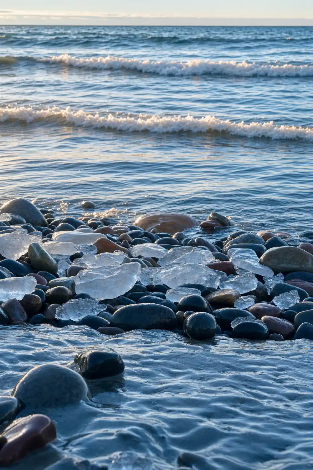 Rocky beach with waves and smooth pebbles