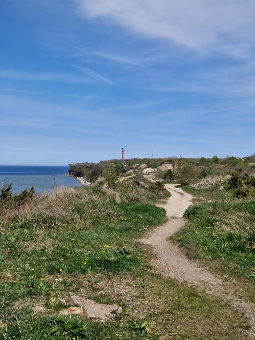 Sandy path along coastal cliff with sea and lighthouse