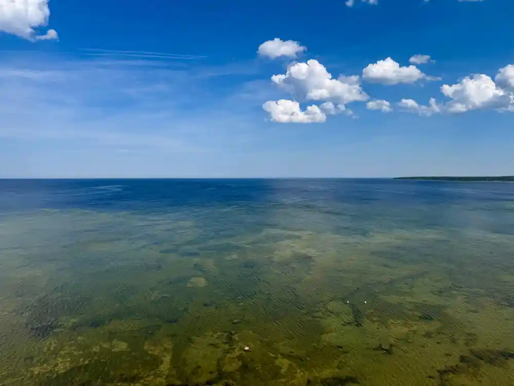 Shallow turquoise water meeting horizon under blue sky