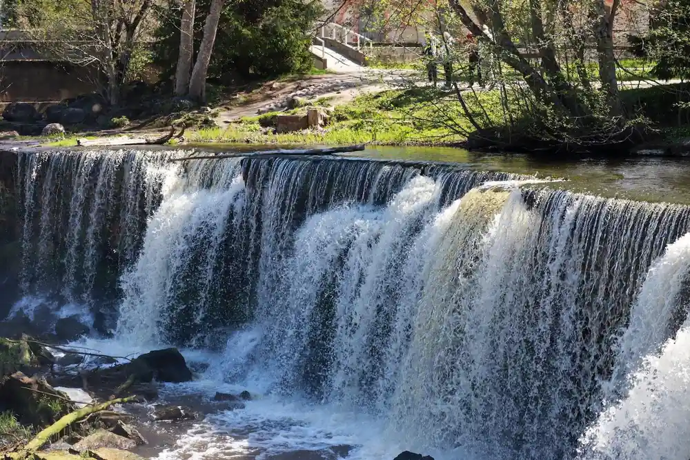 Wide waterfall cascading over rocky ledge in forest